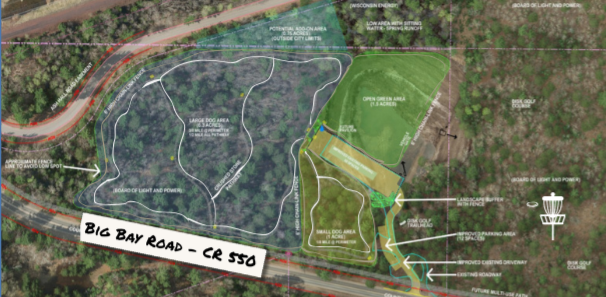 Preliminary site plan showing large dog area (6.3 acres), small dog area (1 acre), open green area (1.5 acres), and trail access at the proposed Marquette Dog Park location