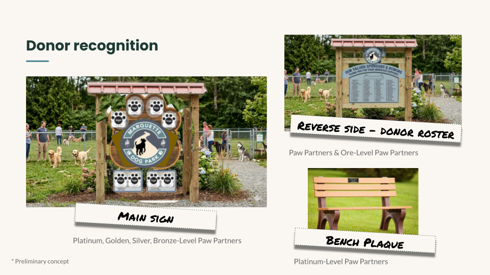 Preliminary donor recognition concepts: main entrance sign featuring Platinum, Golden, Silver, and Bronze-level Paw Partners; reverse side donor roster listing all Paw Partners and Ore-Level Paw Partners; and a bench plaque for Platinum-level Paw Partners